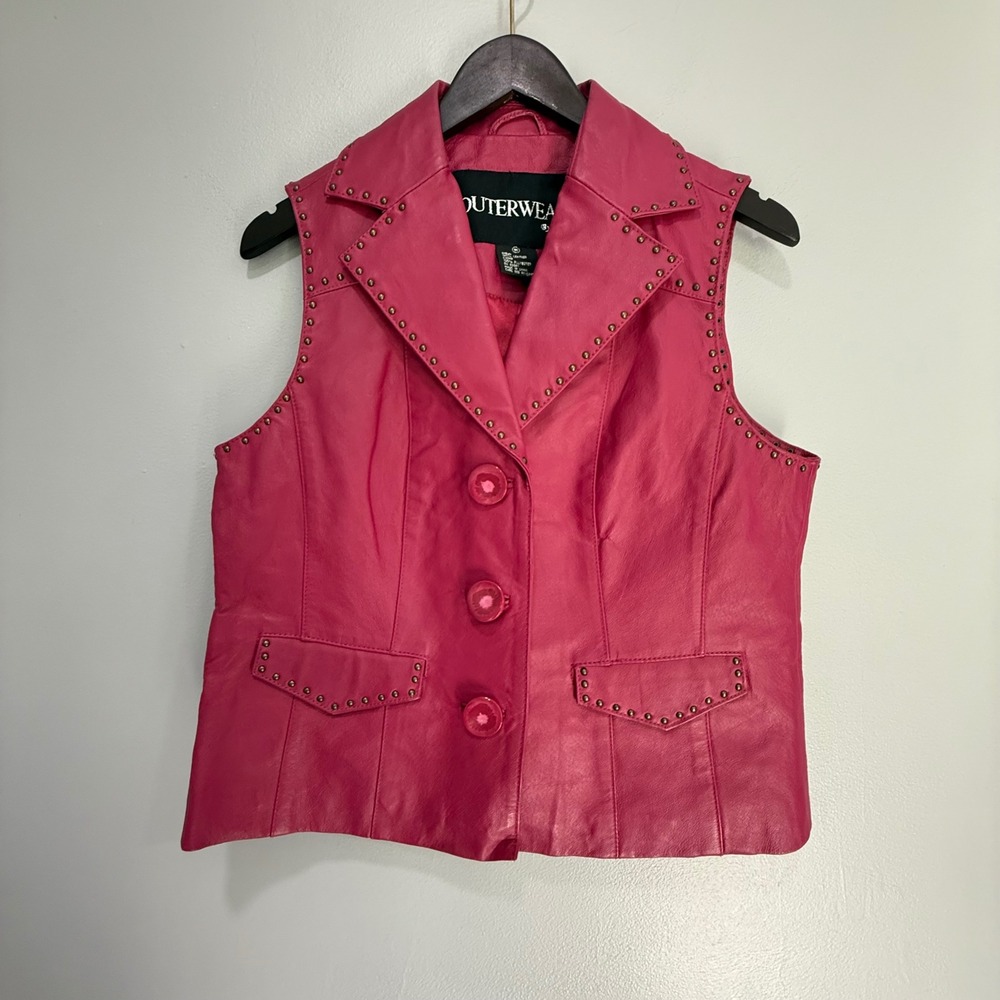 Pink Leather‎ Vest Womens Outerwear Studded Button Front Sleeveless Moto Biker
